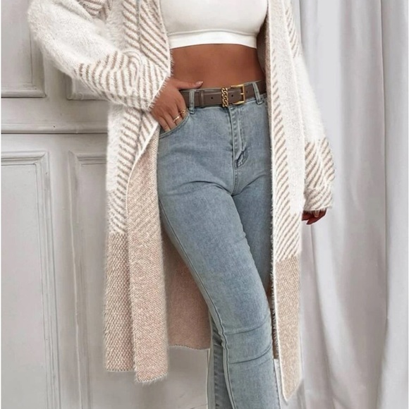 New striped open front long cardigan sweater - Picture 5 of 12